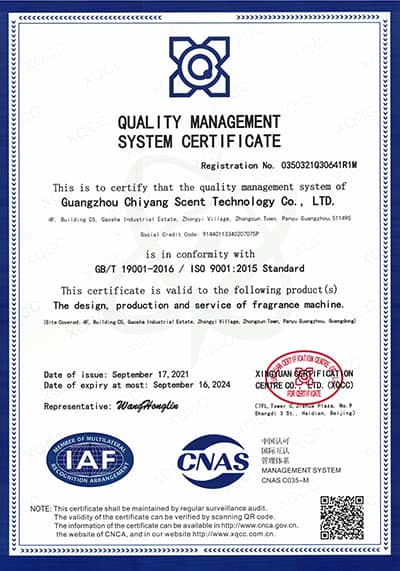 sistema de marketing olfativo fabricante SCENTA ISO certificate reference