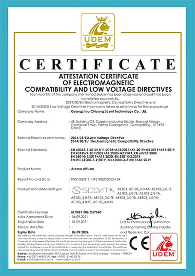 sistema de marketing olfativo fabricante SCENTA CE certificate reference